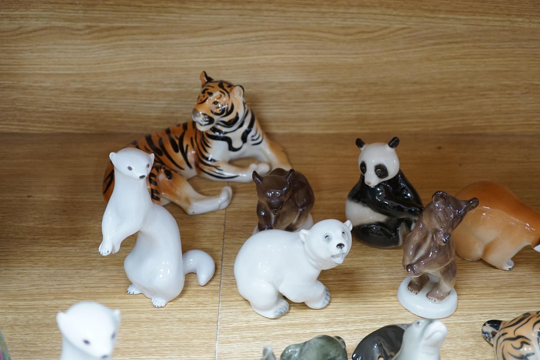 A quantity of Russian ceramic animal ornaments, tallest 19cm. Condition - good